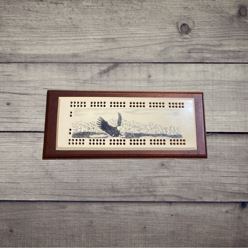 Vintage Faux Scrimshaw Eagle Cribbage Board Etched Scrimshaw Eagle & Mountains